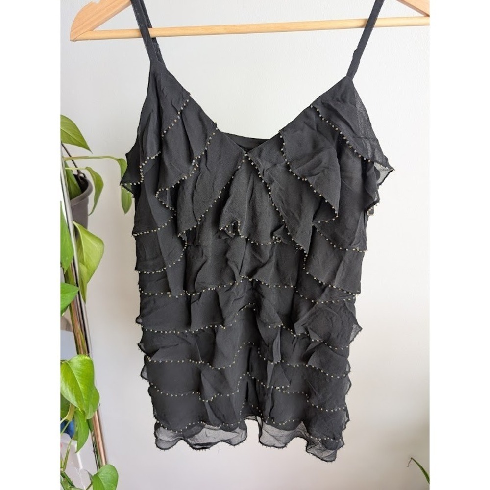 Vintage Y2K silk beaded top 4 black babydoll ruffles tiered spaghetti straps